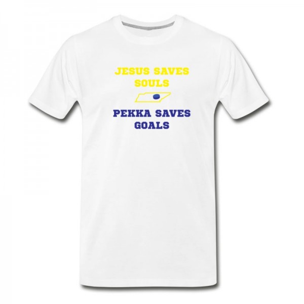 Men's Jesus Save Souls Pekka Saves Goals Cool Hockey Fan Gift T-Shirt - White